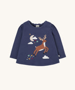 Frugi Navy Organic Cotton Caris Reindeer Applique Top. This top is a part of a wide range of organic cotton clothing for children available here at Babipur. 