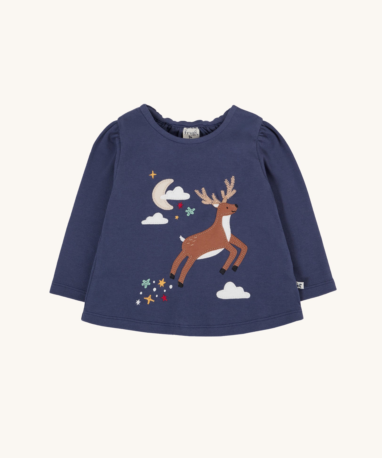 Frugi Navy Organic Cotton Caris Reindeer Applique Top. This top is a part of a wide range of organic cotton clothing for children available here at Babipur. 