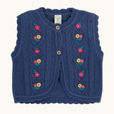 Frugi organic cotton connie navy knitted waistcoat with embroidered flower details, wooden button cluse and scalloped edges.