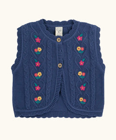Frugi organic cotton connie navy knitted waistcoat with embroidered flower details, wooden button cluse and scalloped edges.