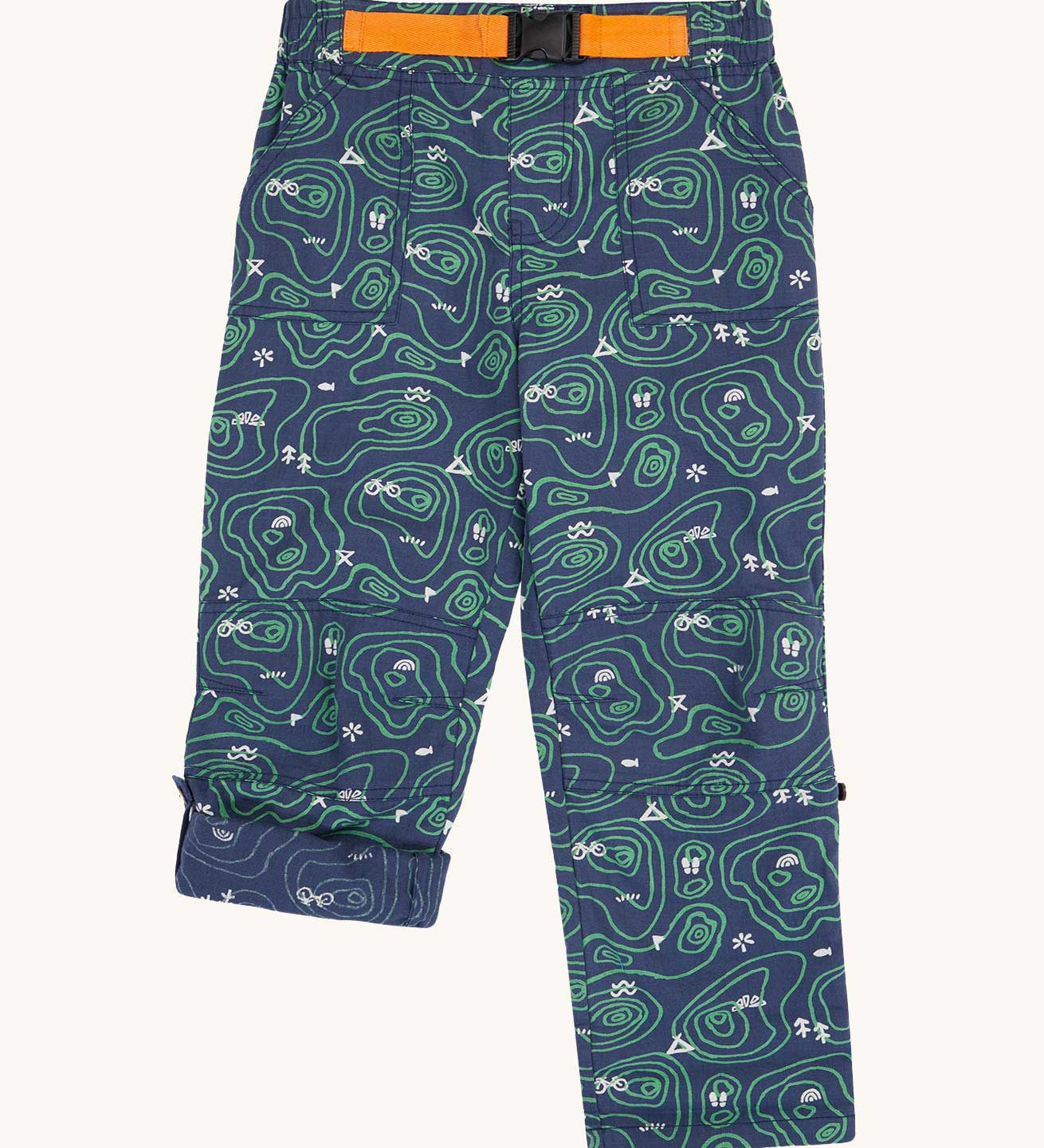 Frugi navy ripstop trousers with green coloured all over topographic map print detail. The trousers have an orange fastening and a black quick release buckle closure. 