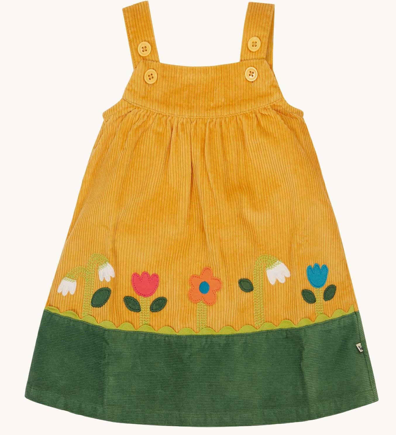 Frugi Nellie Organic Cotton yellow gold Corduroy Pinafore Dress with Flowers. This dress is a part of a wide range of organic cotton clothing for children available here at Babipur. 