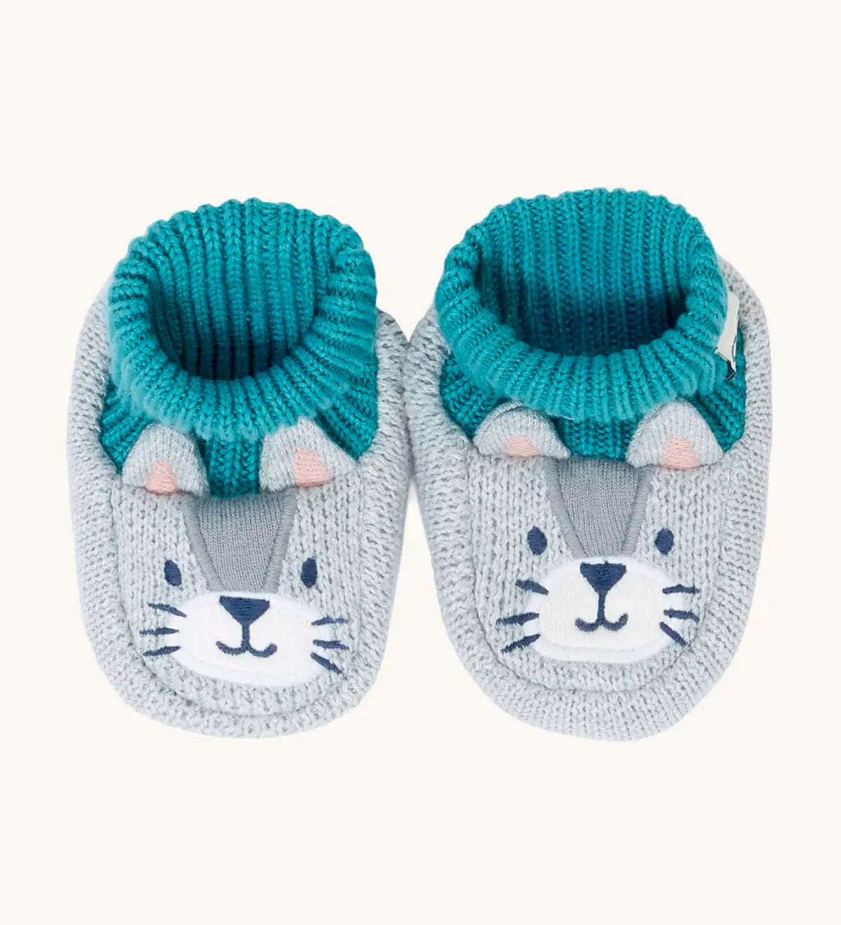 Frugi Noa organic cotton knitted baby booties in a grey wild cat design with turquoise lining.