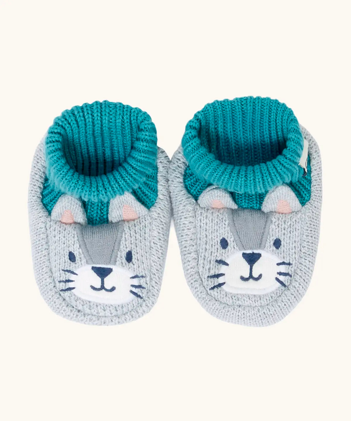 Frugi Noa organic cotton knitted baby booties in a grey wild cat design with turquoise lining.