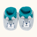 Frugi Noa organic cotton knitted baby booties in a grey wild cat design with turquoise lining.