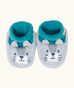 Frugi Noa organic cotton knitted baby booties in a grey wild cat design with turquoise lining.