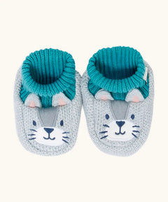 Frugi Noa organic cotton knitted baby booties in a grey wild cat design with turquoise lining.