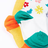 A close up of the feet on the Frugi Norah 2 pack bumblebee flower design tights.The flower design tights have green coloured heels and toe caps, the bumblebee yellow tights have orange coloured heels and toe caps.