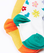 A close up of the feet on the Frugi Norah 2 pack bumblebee flower design tights.The flower design tights have green coloured heels and toe caps, the bumblebee yellow tights have orange coloured heels and toe caps.