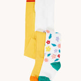 Frugi Norah 2 pack tights with a bumble bee yellow and flowers design. 