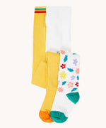 Frugi Norah 2 pack tights with a bumble bee yellow and flowers design. 