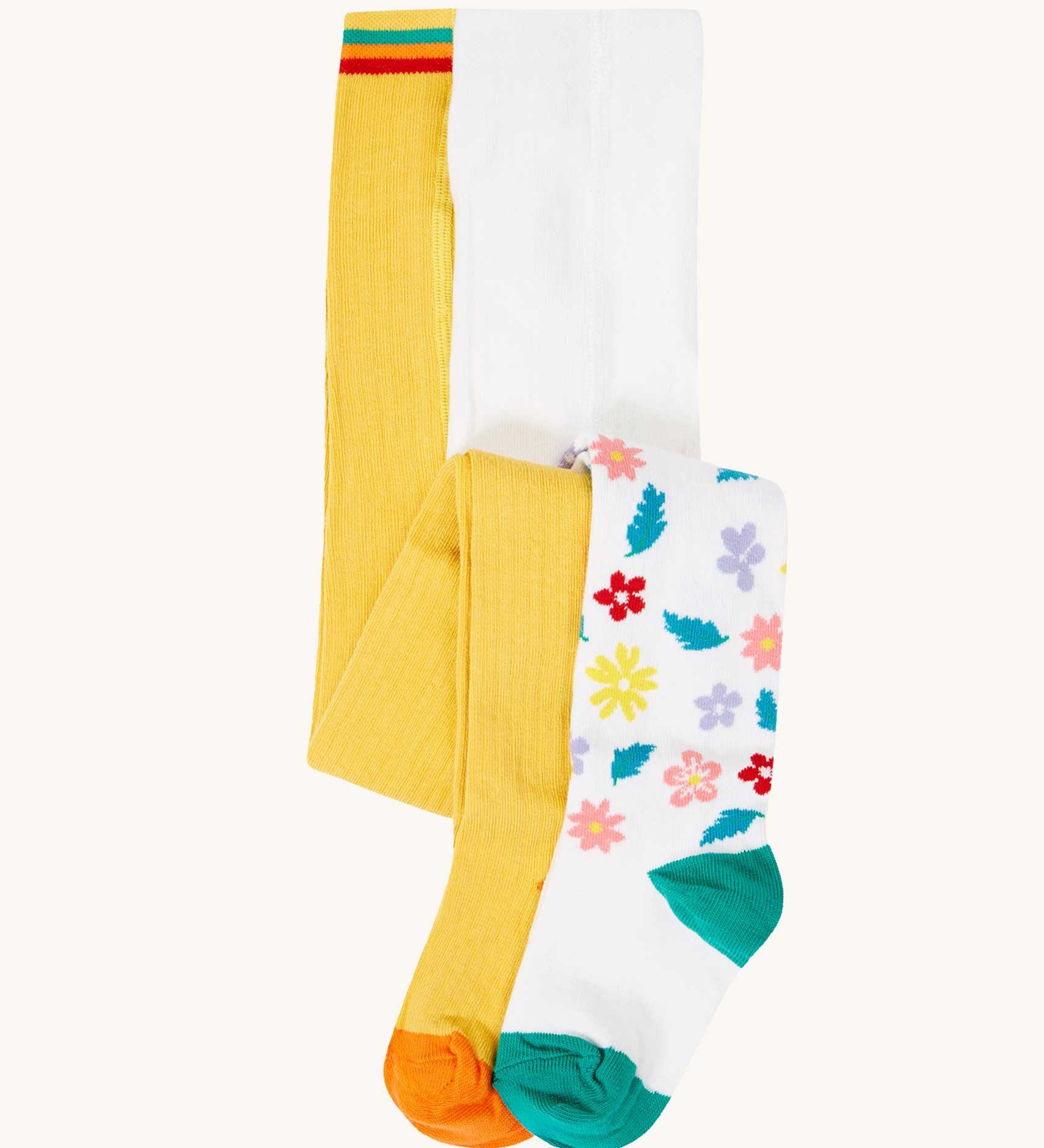 Frugi Norah 2 pack tights with a bumble bee yellow and flowers design. 