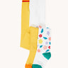 Frugi Norah 2 pack tights with a bumble bee yellow and flowers design. 