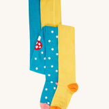 Frugi Norah 2 pack children's footed tights with bumblebee yellow and mushroom designs. The tights coordinate with other items from Frugi's Autumn Winter range available at Babipur. 