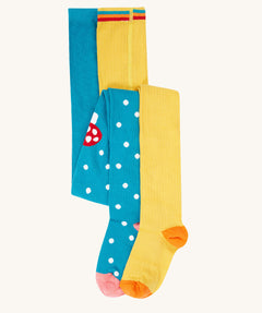 Frugi Norah 2 pack children's footed tights with bumblebee yellow and mushroom designs. The tights coordinate with other items from Frugi's Autumn Winter range available at Babipur. 