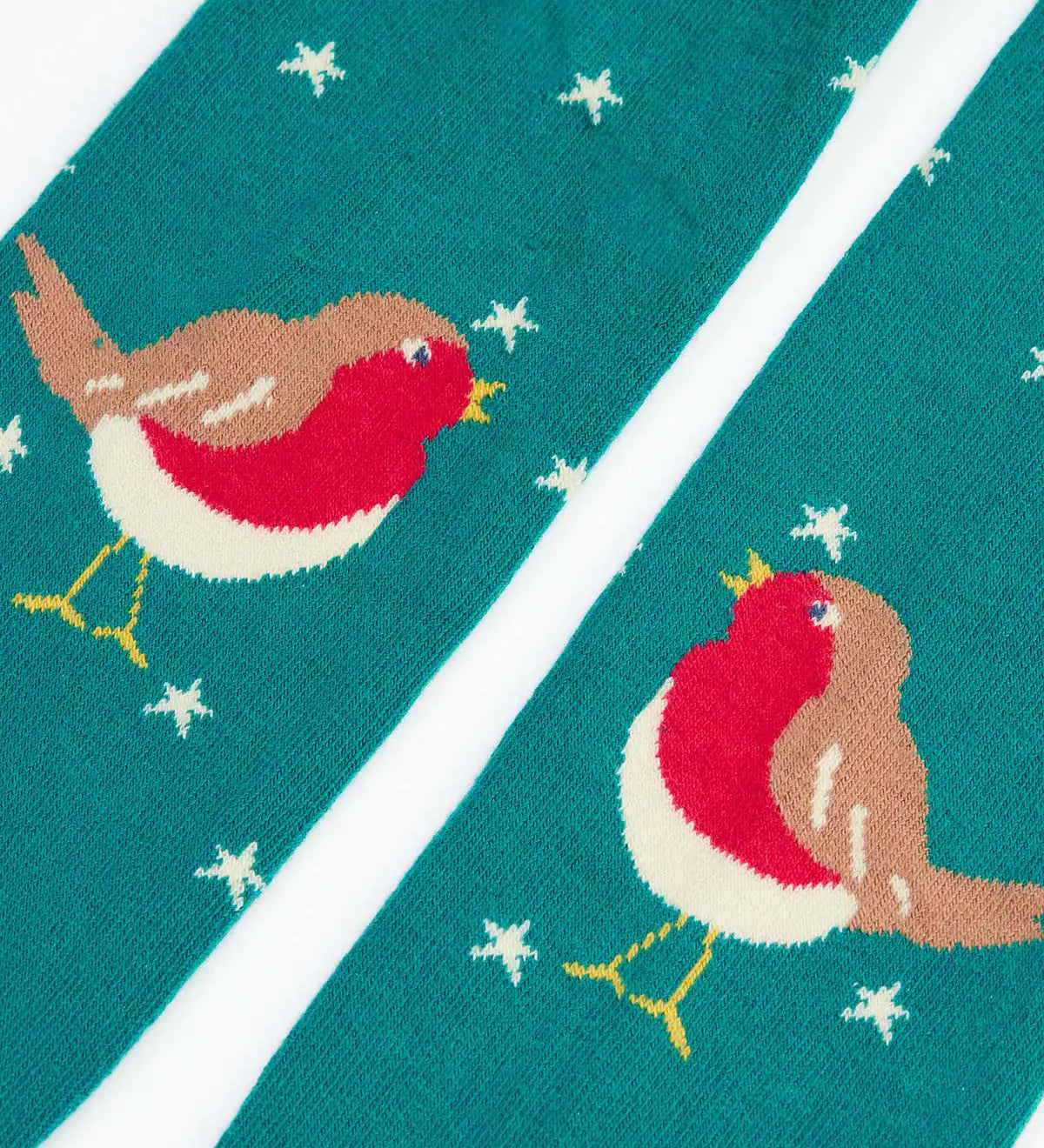 Close up of the robins on the Frugi Norah organic cotton knitted tights in hut green.