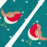 Close up of the robins on the Frugi Norah organic cotton knitted tights in hut green.