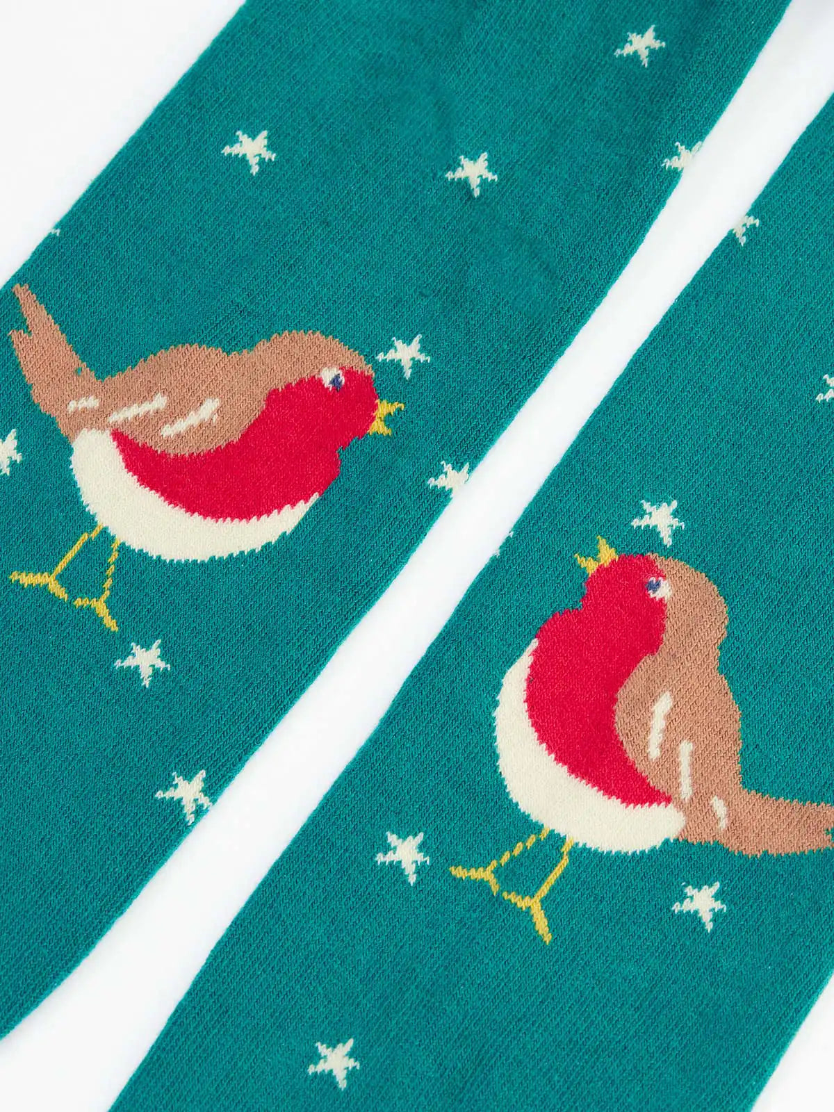 Close up of the robins on the Frugi Norah organic cotton knitted tights in hut green.