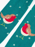 Close up of the robins on the Frugi Norah organic cotton knitted tights in hut green.
