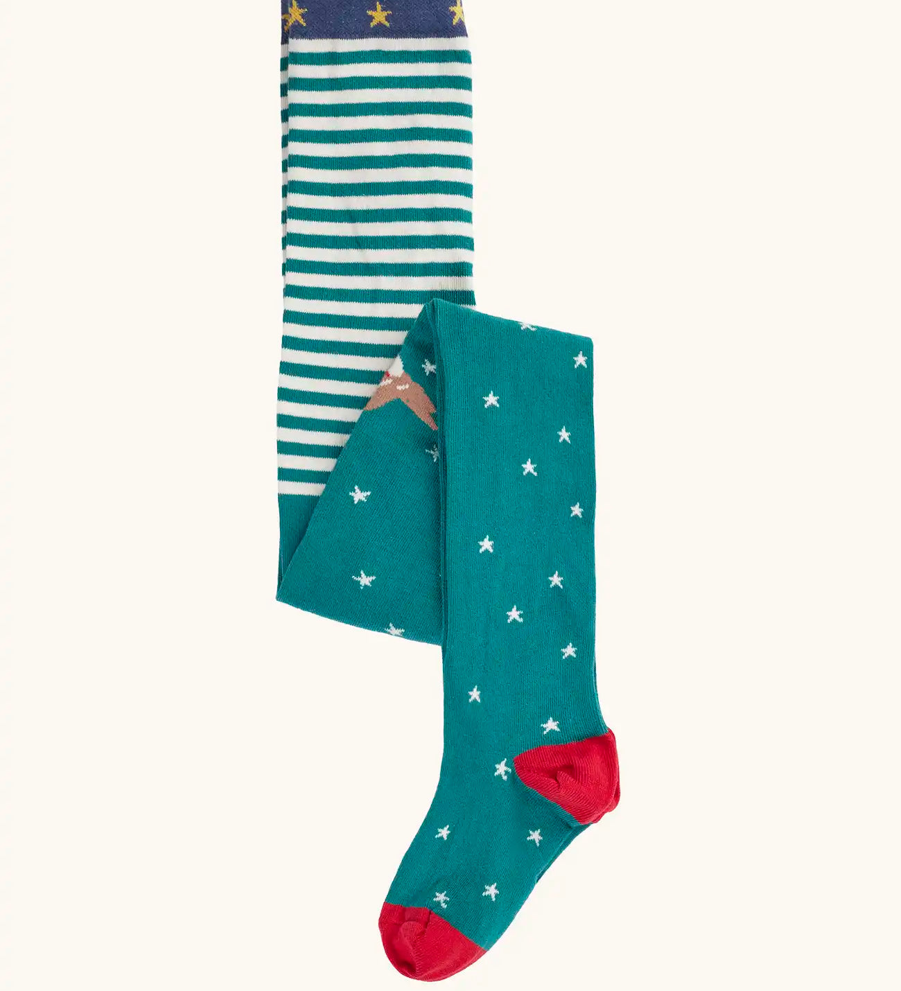 Frugi Norah organic cotton knitted tights in hut green with robins. Striped tops with white stars scattered on a green background on the bottoms with a robin.