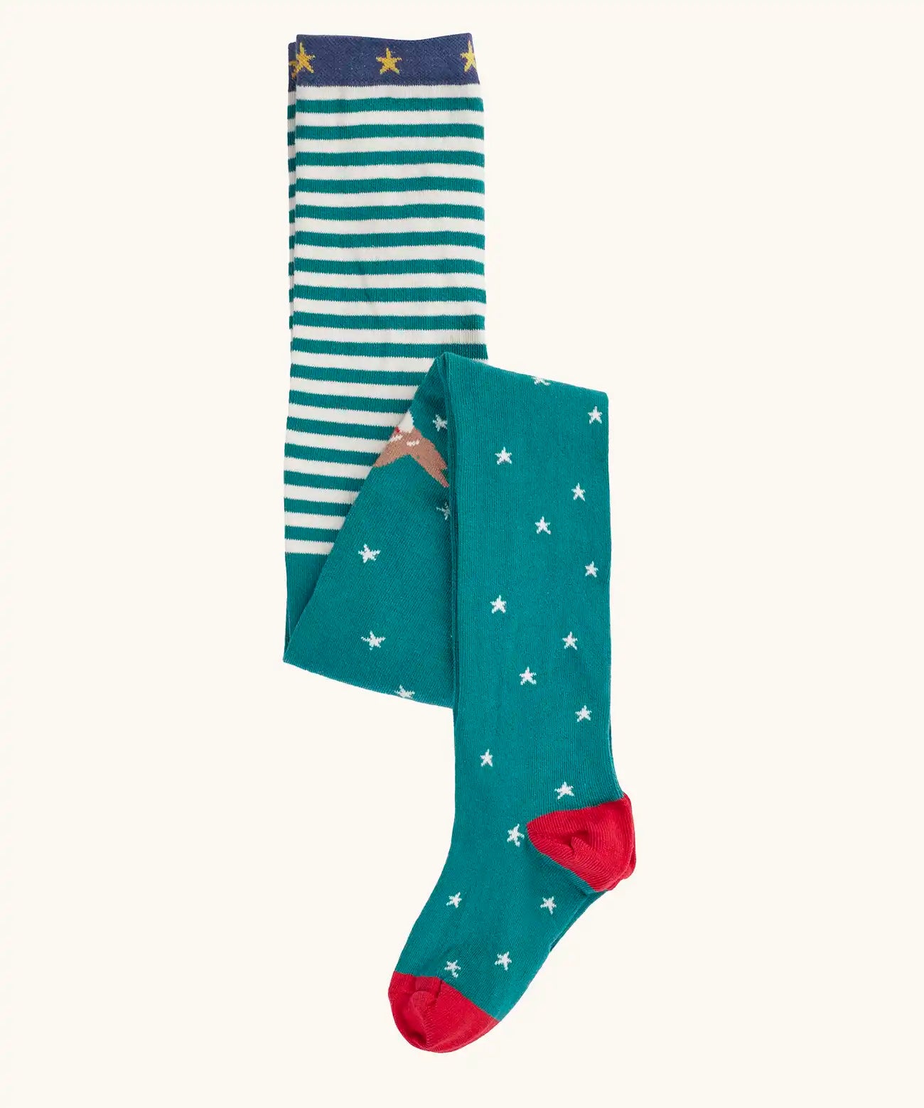 Frugi Norah organic cotton knitted tights in hut green with robins. Striped tops with white stars scattered on a green background on the bottoms with a robin.