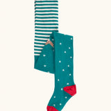 Frugi Norah organic cotton knitted tights in hut green with robins. Striped tops with white stars scattered on a green background on the bottoms with a robin.