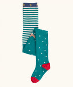 Frugi Norah organic cotton knitted tights in hut green with robins. Striped tops with white stars scattered on a green background on the bottoms with a robin.