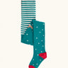 Frugi Norah organic cotton knitted tights in hut green with robins. Striped tops with white stars scattered on a green background on the bottoms with a robin.