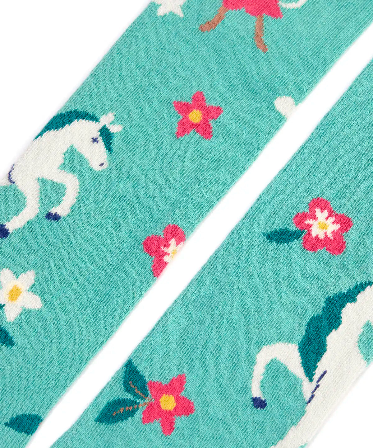 Close up of the Frugi children's Norah organic cotton knitted tights in moss green with unicorns.