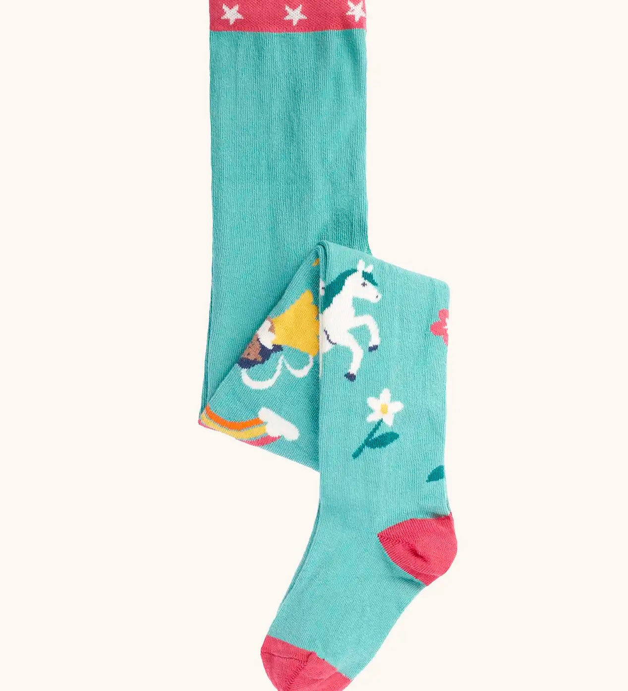 Frugi children's Norah organic cotton knitted tights in moss green with unicorns.
