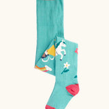 Frugi children's Norah organic cotton knitted tights in moss green with unicorns.