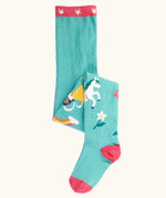 Frugi children's Norah organic cotton knitted tights in moss green with unicorns.