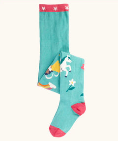 Frugi children's Norah organic cotton knitted tights in moss green with unicorns.
