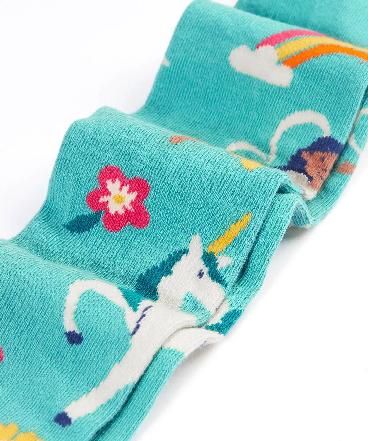 Close up of the Frugi children's Norah organic cotton knitted tights in moss green with unicorns.