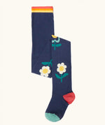 Frugi children's Norah organic cotton knitted tights in navy blue with flowers.