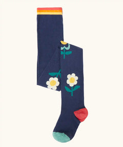 Frugi children's Norah organic cotton knitted tights in navy blue with flowers.