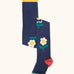 Frugi children's Norah organic cotton knitted tights in navy blue with flowers.
