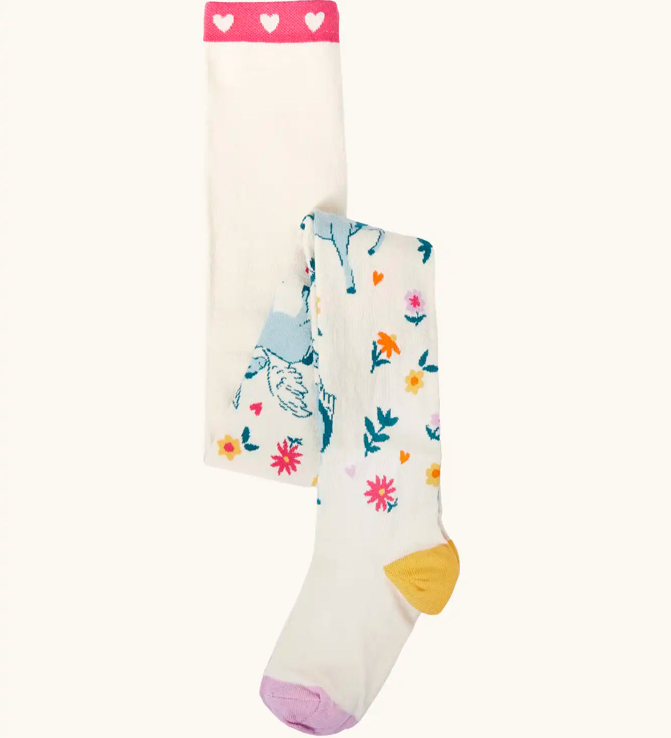 Frugi children's Norah organic cotton knitted tights in white with pegasus and flowers patterns.