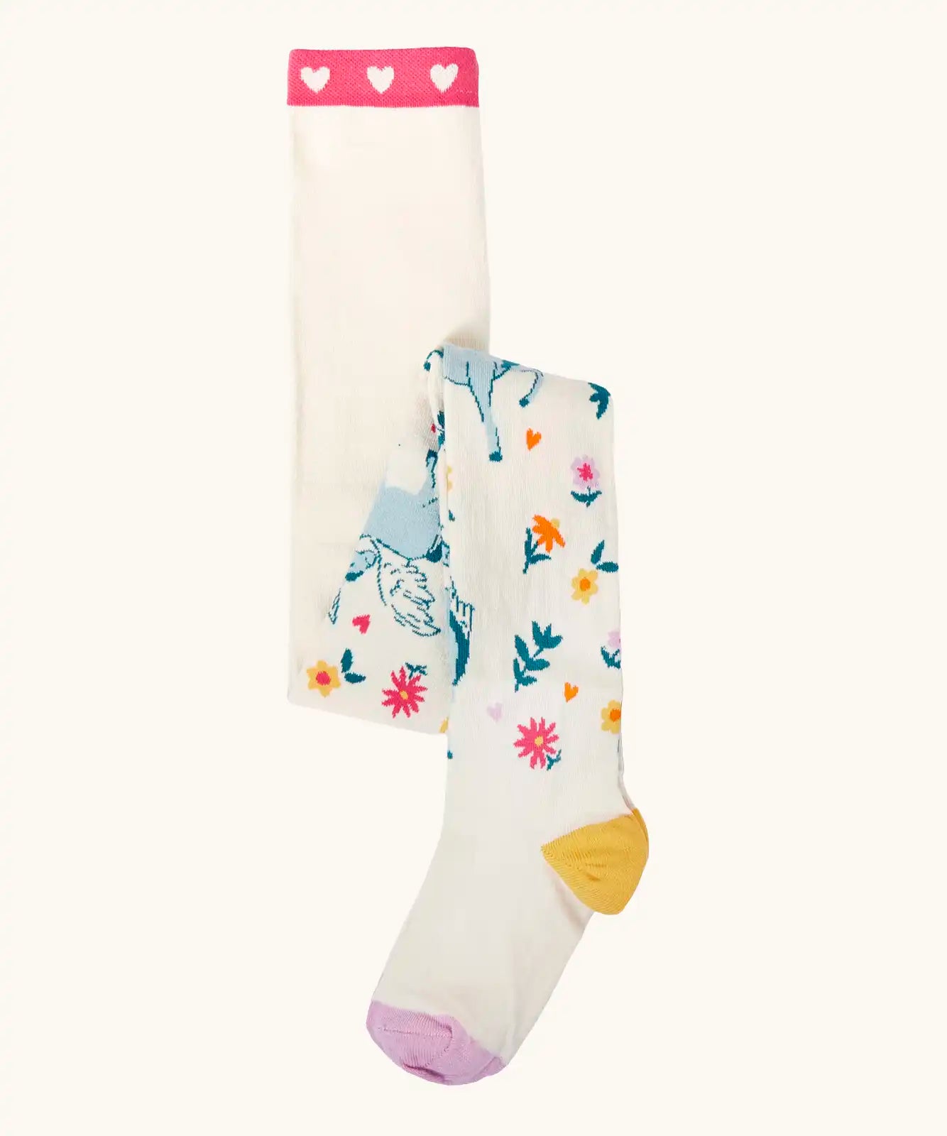 Frugi children's Norah organic cotton knitted tights in white with pegasus and flowers patterns.