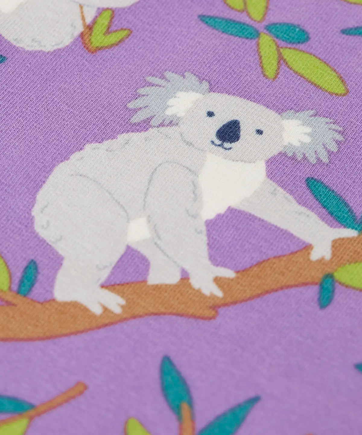 Frugi GOTS 100% organic cotton Ola outfit showing a close up a koala print on the purple bottoms