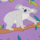 Frugi GOTS 100% organic cotton Ola outfit showing a close up a koala print on the purple bottoms
