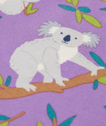 Frugi GOTS 100% organic cotton Ola outfit showing a close up a koala print on the purple bottoms