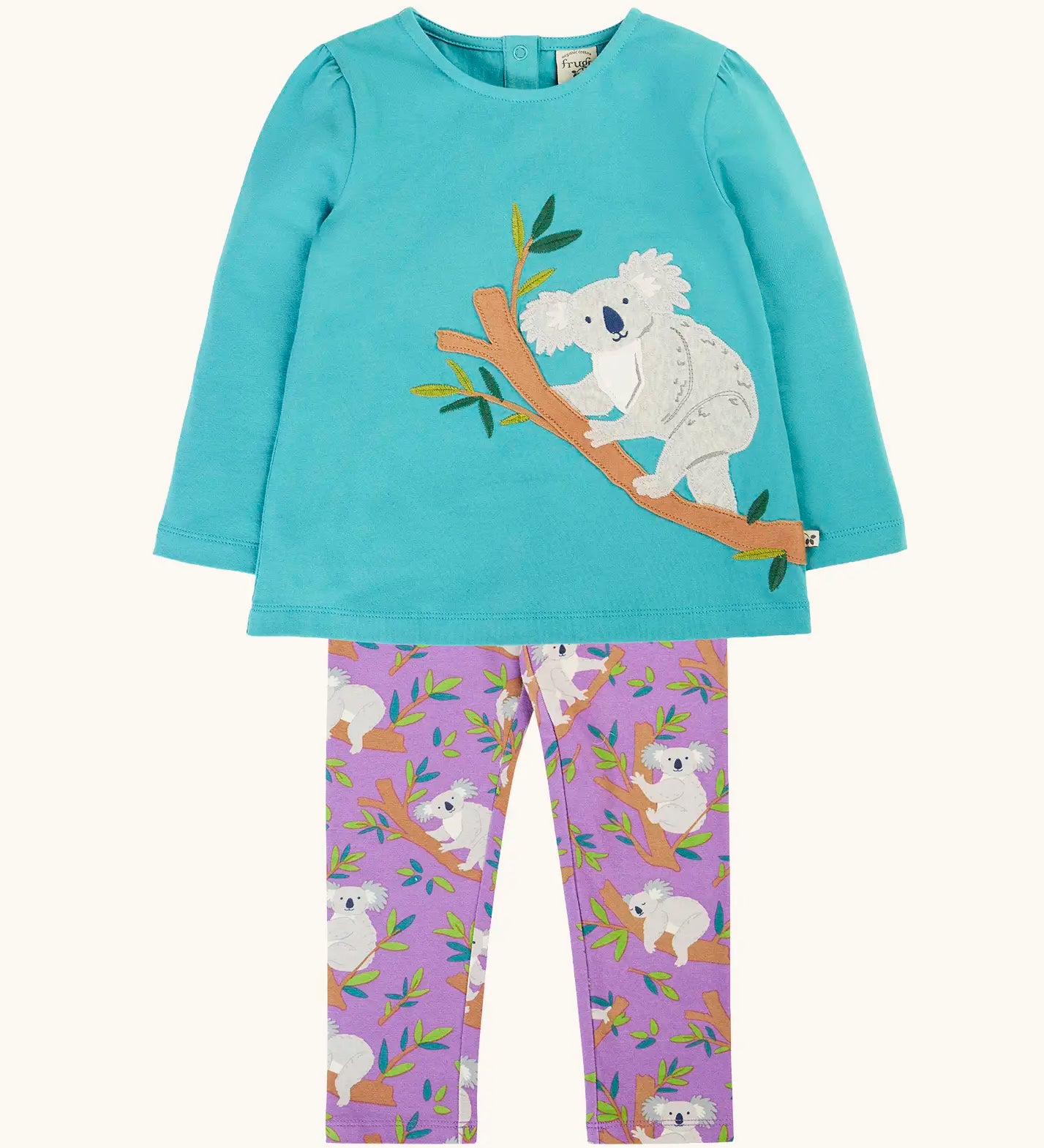 Frugi Ola outfit with boat blue koala applique long sleeve top with cuddles print purple leggings. 