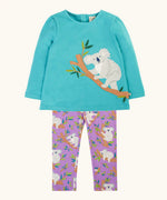 Frugi Ola outfit with boat blue koala applique long sleeve top with cuddles print purple leggings. 
