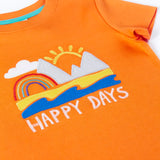 Frugi GOTS organic cotton short sleeve t-shirt in orange laid flat showing a beach applique and happy days slogan on the chest and ribbed collar