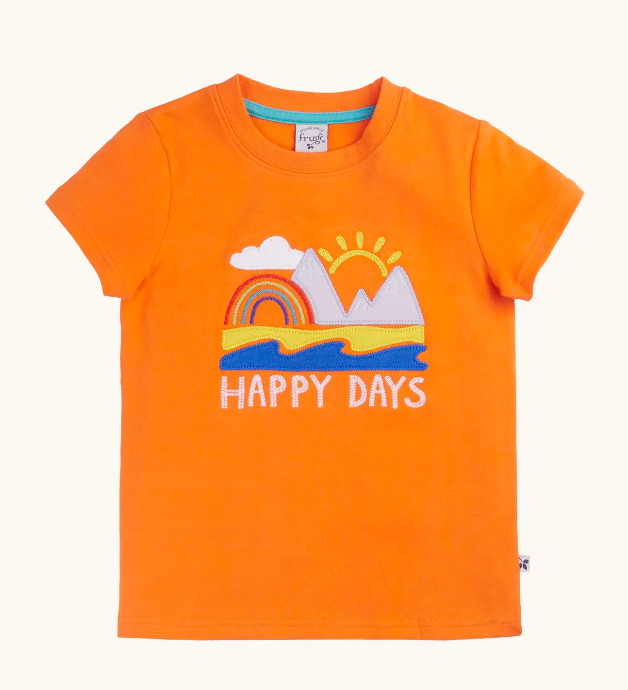 Frugi GOTS organic cotton short sleeve t-shirt in orange with a beach applique and happy days slogan on the chest