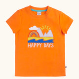 Frugi GOTS organic cotton short sleeve t-shirt in orange with a beach applique and happy days slogan on the chest