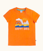 Frugi GOTS organic cotton short sleeve t-shirt in orange with a beach applique and happy days slogan on the chest
