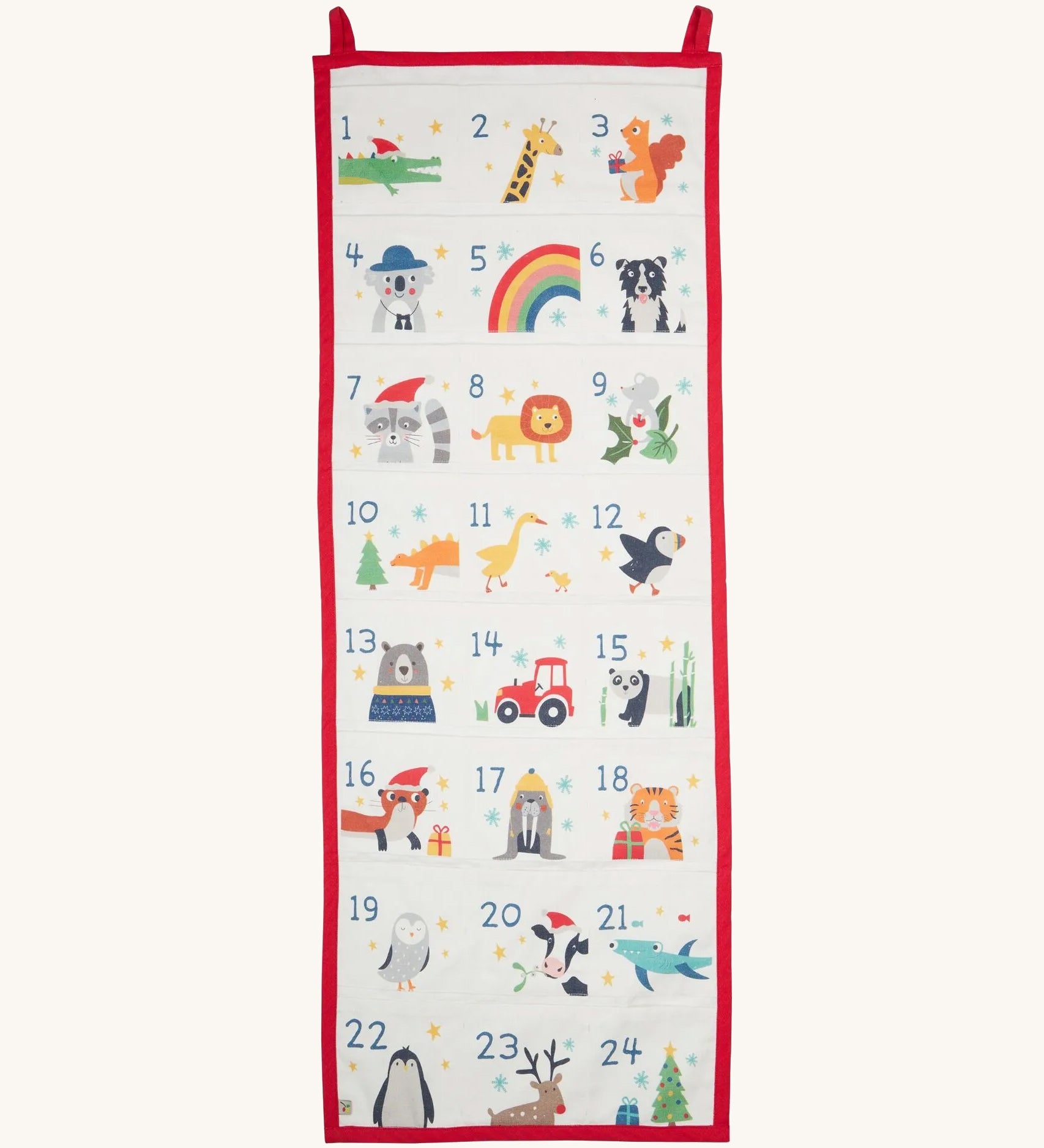 The Frugi Organic cotton Christmas advent calendar - 24 pouch pockets to fill yourself, each one features a Frugi cartoon animal character