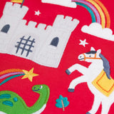 Close up of the appliques on the Frugi red organic cotton adventure magic applique long sleeve top. 